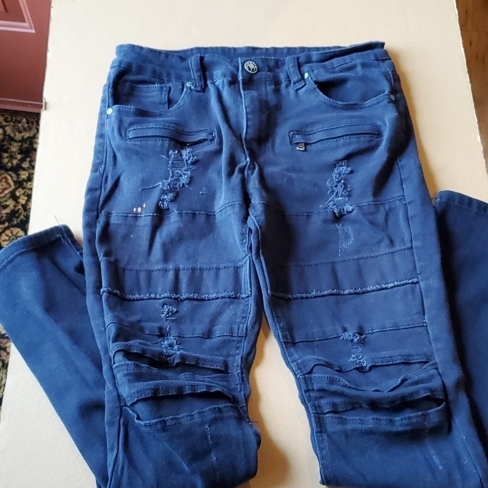 Platform 100 (p100) dark Navy blue distressed jeans sz 34 x 34